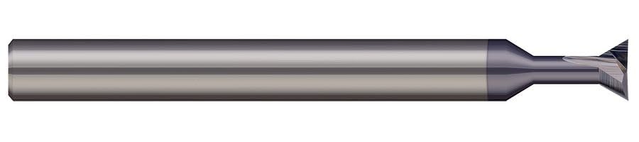DT-187-030-010X Dovetail Cutter, 30° Included Angle, 127 LOC, 3/16 Cutter Dia, 1/8 Neck Dia, 1/8 Neck Length, 010 Corner Rad, 2 Fl, 3/16 Shank Dia, 2 OAL, AlTiN