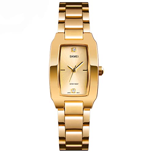 SKMEI Relojes para mujeres mujeres mujeres diamante oro rosa cuadrado acero inoxidable lujo moda pequeño delgado analógico cuarzo impermeable vestido casual simple esposa niñas regalos reloj de