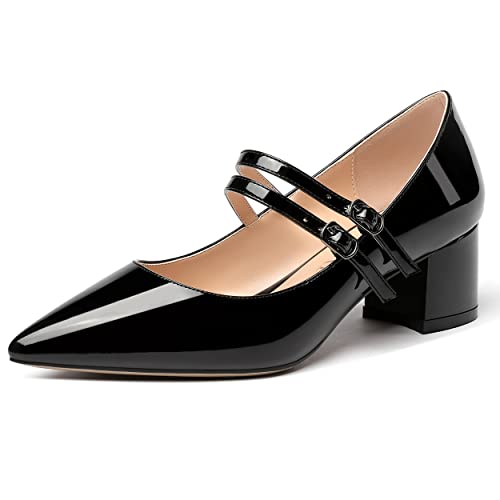 MERRORI Women's Block Pointed Toe Solid Buckle Adjustable Strap Patent Chunky Low Heel Pumps Shoes 2 Inch