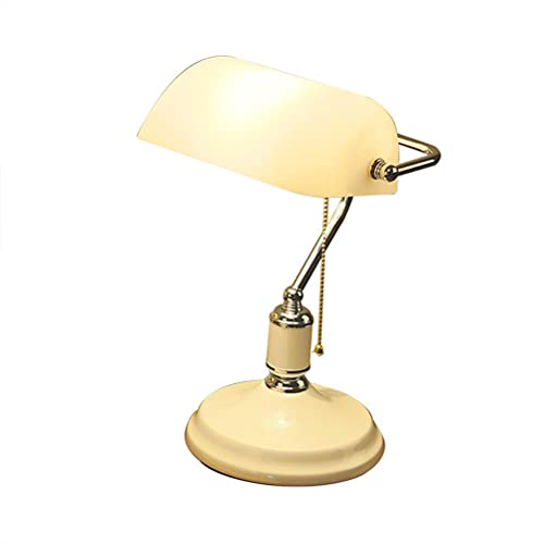 Lampe de banquier traditionnelle Lampe de table avec interrupteur à tirette, Lampe de bureau de style antique Lampe de chevet blanche Abat-jour en verre réglable Lampe de lecture Éclairage de bureau
