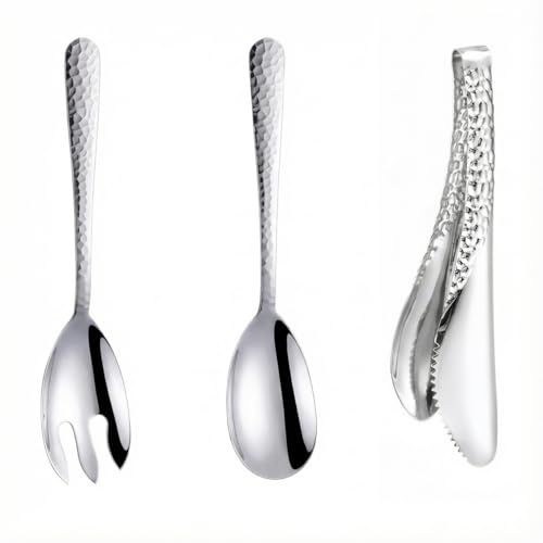 Ymeibe Salad Spoon and Fork Stainless Steel Tong Serving Set, Heavy Duty Hammered Finish Serving Utensils Large Salad Servers for Kitchen Party Buffet Supply (Silver)
