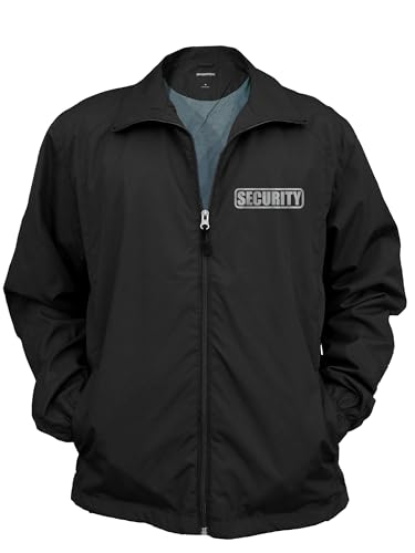 Security Zipped up Windbreaker in Black with Silver/Reflective Decorations Front and Back
