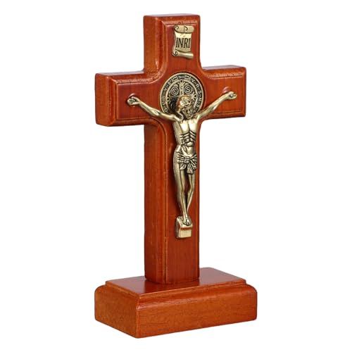 iplusmile Croix Murale de Jésus en Bois avec Support, Crucifix Catholique Doré sur Pied, Décoration Intérieure pour Maison, Salon et Moments de Recueillement, Croix Chrétienne Décorative