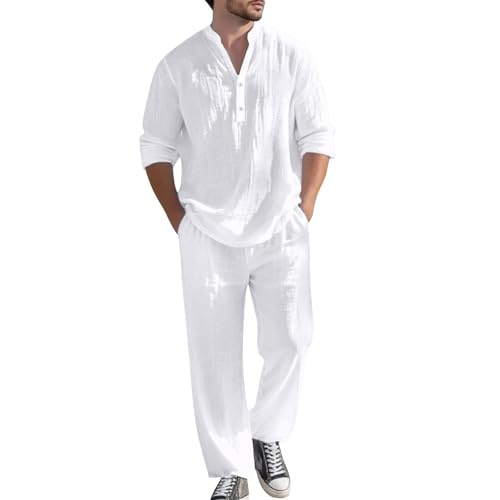 Générico Traje de otoño de lino para hombre Conjunto informal para las vacaciones Camisa holgada y transpirable con cuello en V y mangas largas, y pantalón estilo ciudad, blanco, XXL