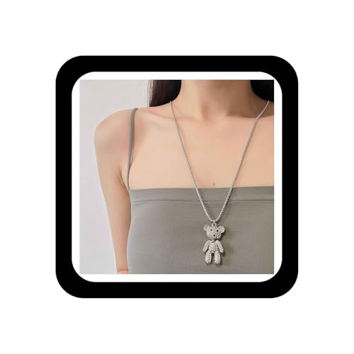 Cubic Zirconia Bear Necklace Full Diamond Teddy Bear Pendant Necklace Silver Long Box Chain Necklace Cute Animal Crystal Bear Necklace Jewelry Gifts for Women