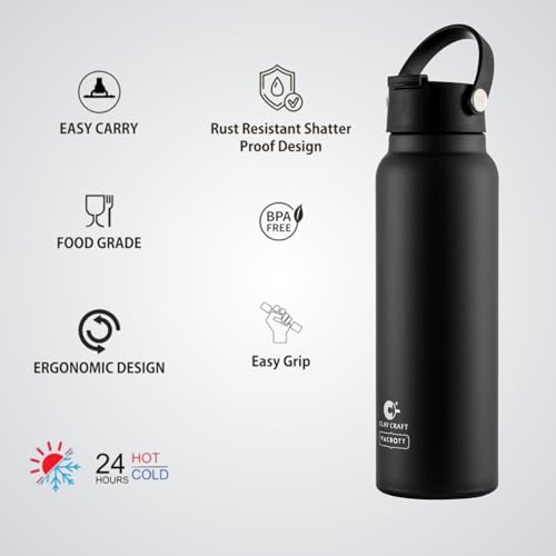 Image of CLAY CRAFT VACBOTT Phantom Double Walled |18 Hour Hot and 24 Hours Cold Water Bottle Vacuum Insulated|Flask Bottle 900ML, 1 Pcs|Easy to Carry|Hiking|Travel Bottle|BIS Certified|1 Year Limited Warranty