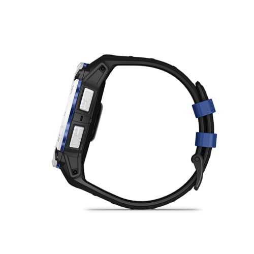 Image of Garmin Instinct 3 - 50 mm, Solar, Rugged Outdoor GPS Smartwatch, Built-in Flashlight, Supernova Collection Limited Edition Color, Whitestone with Black /Bolt Blue Silicone Band