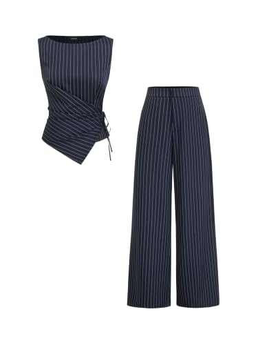 CIDER Womens Striped Two Piece Set Boat Neck Wrap Top Straight Leg Pants: Navy Blue, M