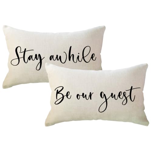 ULOVE LOVE YOURSELF Guest Welcome Throw Pillow Covers 2Pack Stay Awhile and Be Our Guest Design Farmhouse Guest Room Decor Cushion Covers 12" x 20" (Beige)