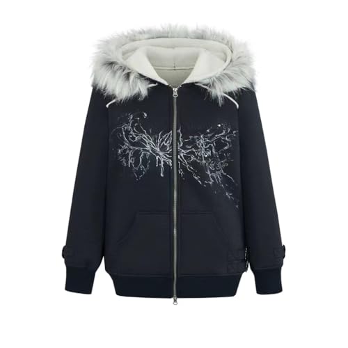 00’s archive G.O.A Black y2k grunge fur Y2k Hoodie Zip Up Fur Collar Retro Hooded Sweatshirt Grunge