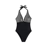 Generic One Piece Halter Neck SequinedBackless Rhinestone Bikini Swimsuit (US, Alpha, Large, Regular, Regular, Black)