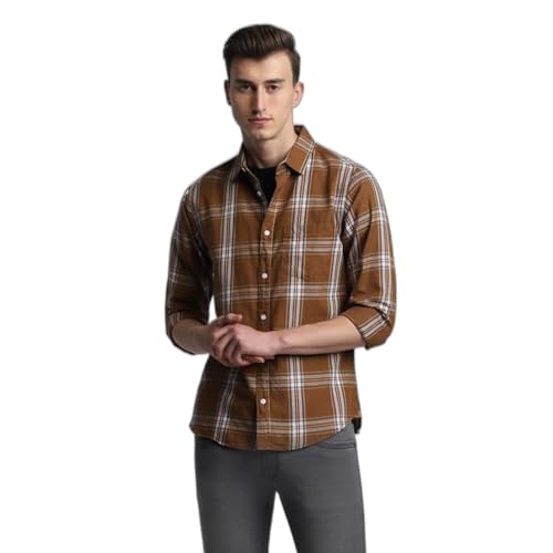 Image of Dennis Lingo Men's Khaki Cotton Casual Shirt, Full Sleeve Slim Fit Spread Collar