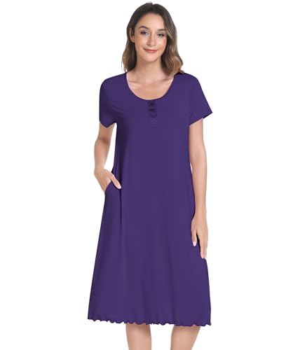 Image of NACHILA Bamboo Viscose Nightgown for Women Short Sleeve Crew Neck Sleepwear