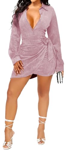 Image of SeNight Women's Sparkly Bodycon Dress V Neck Long Sleeve Ruched Mini | Sparkly Bodycon Dress Deep V Neck Long Sleeve Ruched Mini Club Dress with Zipper
