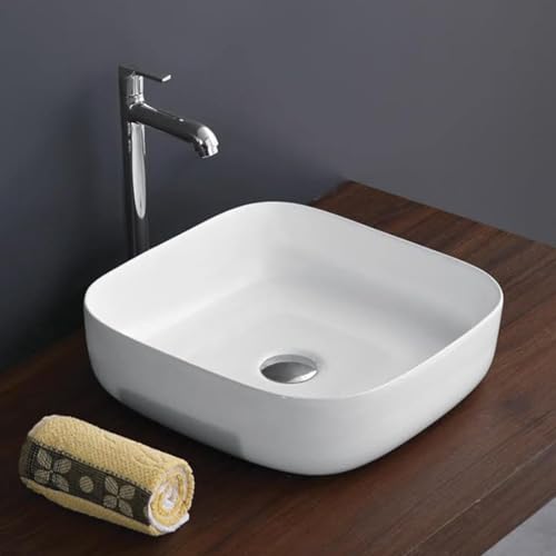 Image of Ceramic Wash Basin | With Accessories | 16.9 x 16.9 x 5.9 Inch | Table Top | White | Design-7002