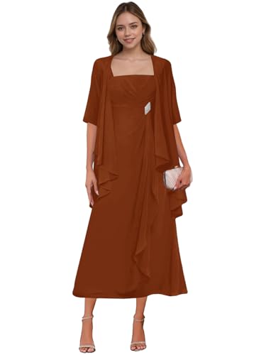 2 Piece Mother of The Bride Dresses with Jacket Ruffle Chiffon Formal Evening Dress