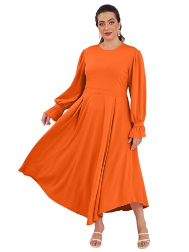 Image of Baczoe Plus Size Long Sleeve Church Dress for Curvy Women | Maxi Length, Elegant Formal Style, Flowy A-Line Shape, Two Side Pockets