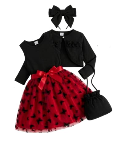 Image of TAGAS Baby Girls Party Dress with Shrug, Headband & Purse | Butterfly Net Frock with Bow | Birthday Dress Set | 4-Piece Outfit | Red & Black | Ages 1-9 Years