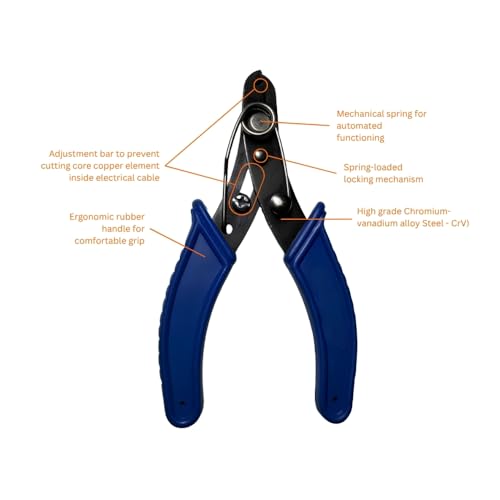 Image of Wire Stripper and Cutter, Chromium-Vanadium Alloy Steel, Ergonomic Rubber Handle, Spring-Loaded Locking Mechanism, Blue and Black, 13x7 Cm