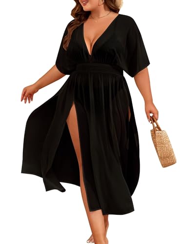 SWOMOG Women Plus Size Swimsuit Cover Up Bikini Bathing Suit Sexy Deep V Neck Swim Beach Dresses Summer Beachwear