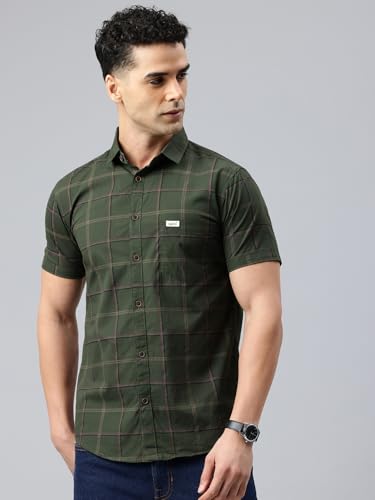 Image of Majestic Man Men Comfort Slim Fit Checked Pure Cotton Half Sleeve Casual Shirt