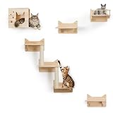 MIUZMORE Estanterías para Gatos Montadas en la Pared - Set de 9 Piezas con Casa, Torre, Rascadores de Sisal, Escalera de Niveles, Madera de Pino Ancha para Gatos Grandes, Ahorro de Espacio Interior