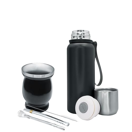 NERTHUS FIH 1594 - Kit de Mate con Vaso de Doble Pared de Acero Inoxidable de 250 ml + Dos Bombillas Pipas para Mate con cepillo limpiador + Termo Acero Inóxidable 500ML