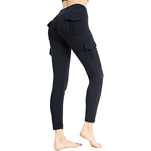 MUGUOY Women's Pocket Sexy Stretch Leggings Fitness Track Pants, High Waist Cargo Yoga Workout Running Butt Lifting Leggings with 4 Pockets (XL, Black) Cover