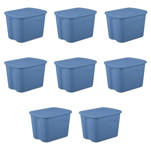TNLOJI Large Storage Bin, 18 Gallon Plastic Storage Container with Snap-On Lid, Blue Moonlight Household Storage Box 8 Pack