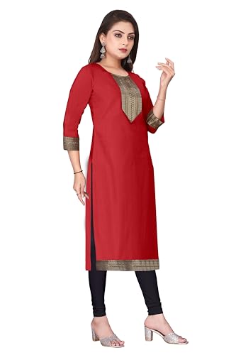 Image of Elegant red Straight Kurti with Golden Embroidered Yoke, Three Quarter Sleeves and Classic Border Detailing for Festive, Office and Everyday wear