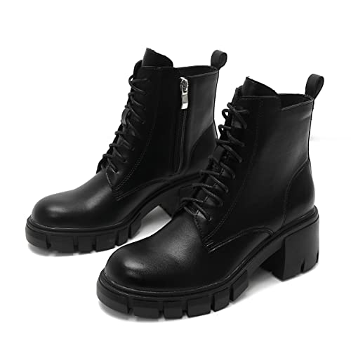 AIVYNA Round Toe Bottinesde à Lacets Bottes Bottes Courtes PU pour Femmes Talon Gros Bas Bottes de Combat Plates Wellington Bottes,Noir,37 EU Cover