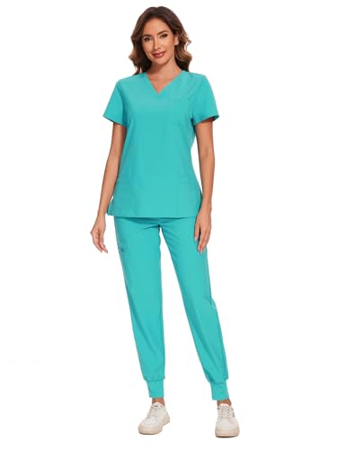 COZYFIT Scrubs for Women Set - Stretch V-Neck Scrub Top & Jogger Pant with 8 Pockets Yoga Waistband Slim Fit COZY SCRUBS - Teal M