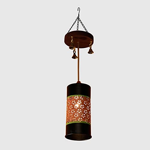 Image of AAKRITI ART CREATIONS Cylinder Glow Handcrafted Metal Pendant Lamp with Mango Wood Rosette for Living Room Ceiling | Hanging Lamp Decor | Ceiling Hanging Lights for Living Room | Fancy Lights for
