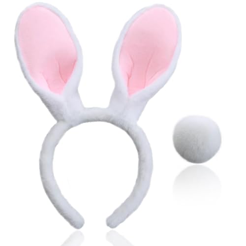 YUSHWENPTY Accessoires Déguisement Lapin 2 Pièces Serre Tete Paques Oreilles de Lapin Cosplay Queue de Lapin Deguisement Pour Pâques Fête (Blanc)