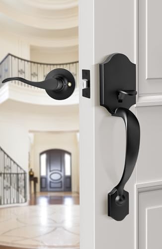 Image of Goldenwarm Black Front Door Handle, Door Handle Exterior, Single Cylinder Front Door Handle Only, Matte Black Front Door Handle No Lock