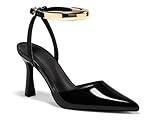 Coutgo Womens Strappy High Heels Closed Pointed Toe Pumps Ankle Strap Metal Party Dress Shoes, Black, Size 8.5