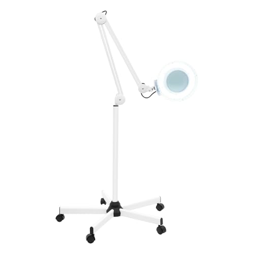 Mqwdxzfes 24 W 5 dioptrías LED lupa lámpara de aumento lámpara de pie lámpara de pie con luz LED, 5 ruedas y soporte, luz fría cosmética, trípode con lupa para manualidades, lectura, oficina, color