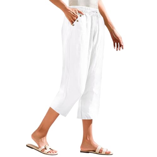 Capris Pants for Women Cute Lightweight Summer Linen Drawstring Elastic Waist Pull On Cropped Pants with Pockets2
