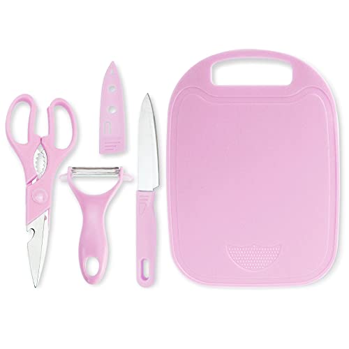 QZDAFFIC Juego de cocina para el hogar de 4 piezas, tijeras de acero inoxidable, cuchillo de cocina pequeño con tapa, tabla de cortar y pelador de verduras para frutas y verduras (Rosa)