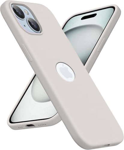 Image of VONZEE Microfiber Logo Cut Cover Compatible for iPhone 15 Plus Case Liquid Silicone Cases Full Body 4 Layer Protective Covers Shockproof Back Cover with High Raised Camera Lips (6.7 inch, Stone Grey)