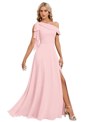 Bekvamlighet Chiffon One Shoulder Bridesmaid Dresses for Wedding Long Formal Evening Gown with Slit Party Gown
