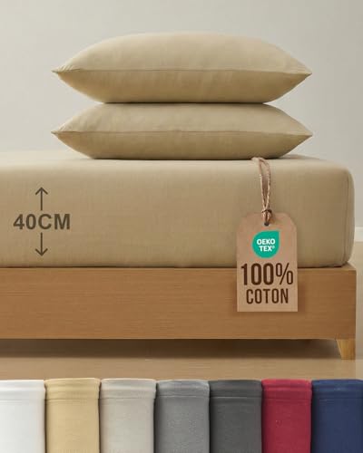 Drap-Housse Jersey Coton 140x200 pour des nuits douces en beige - 2