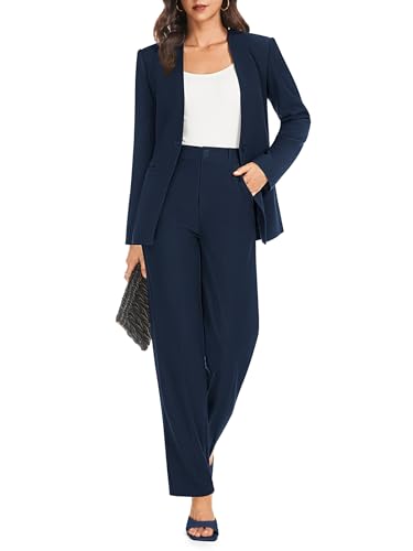 2 Piece Pant Suits for Women Dressy Casual Collarless Blazer Jacket Business Formal Outfits Fall Matching Work Wedding Clothing Set Navy Blue 2XL
