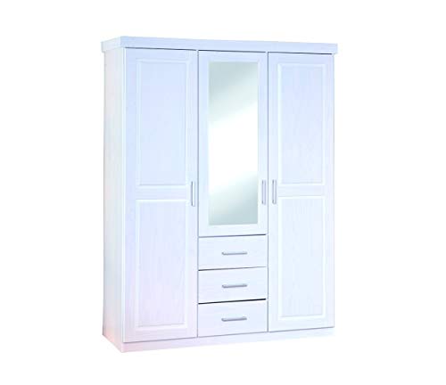 Inter Link - armoir - Armoire à portes battantes avec glace - Penderie - Armoire de chambre à coucher - 3 portes - 3 tiroirs - Pin massif - Geraldo - Blanc laqué