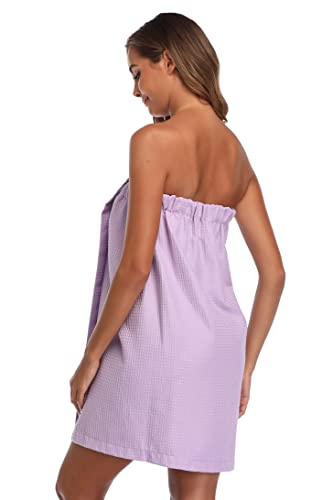 Image of Women's Bath Towel Wrap Waffle Spa Body Wrap with Adjustable Closure Quick Dry Lightweight Towel Robes with Pocket, Light Purple L /XL