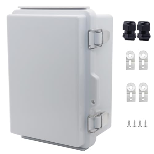 IP67 Waterproof Junction Box, ABS Plastic Electrical Enclosure with Stainless Steel Latch, Hinged Cover Electric Box with Mounting Plate, Wall Brackets &amp; Cable Glands 175x125x95