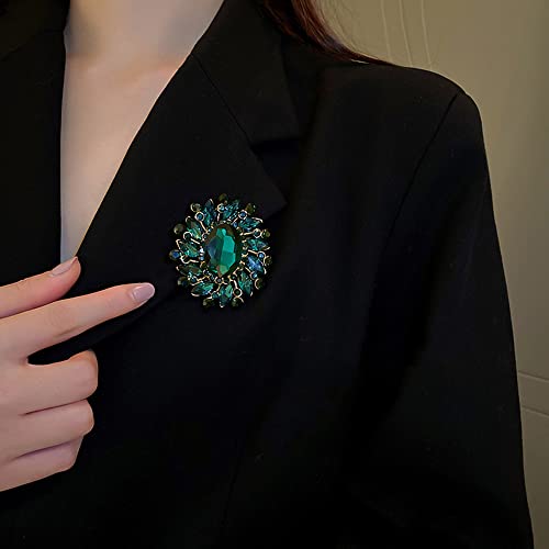 Image of Rhinestone Flower Brooch Pin for Women Girls Vintage Emerald Crystal Lapel Pins Elegant Wedding Bouquet Brooches Dress Clothing Collar Suit Tie Jewelry Accessory Clip for Scarf Coat Shawl Hat Bag Art
