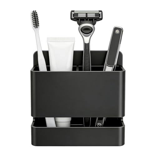 Black Aluminum Bathroom Toothbrush Holder with Double Slot Self-Adhesive Wall Mounted No-Drill Design - Water Drain Slots & Removable Storage Rack for Toothbrush Toothpaste and Razor Organization