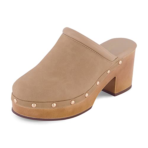 CUSHIONAIRE Guest Platform Clogs for Women, Heeled Faux Wood Mules with Studded Detailing and Memory Foam Footbed for All-Day Comfort, SAND 9