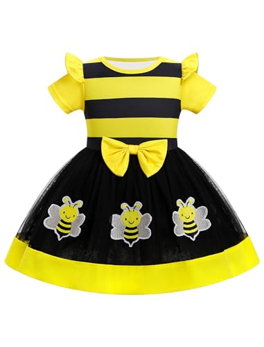 Baby Girl First Strawberry Cow Bee Day Birthday Dress Short Sleeve Farm Animal One Year Toddler Cake Smash Outfits Infant Easter Pageant Party Halloween Christmas Clothes Yellow Bee 3-4 Years